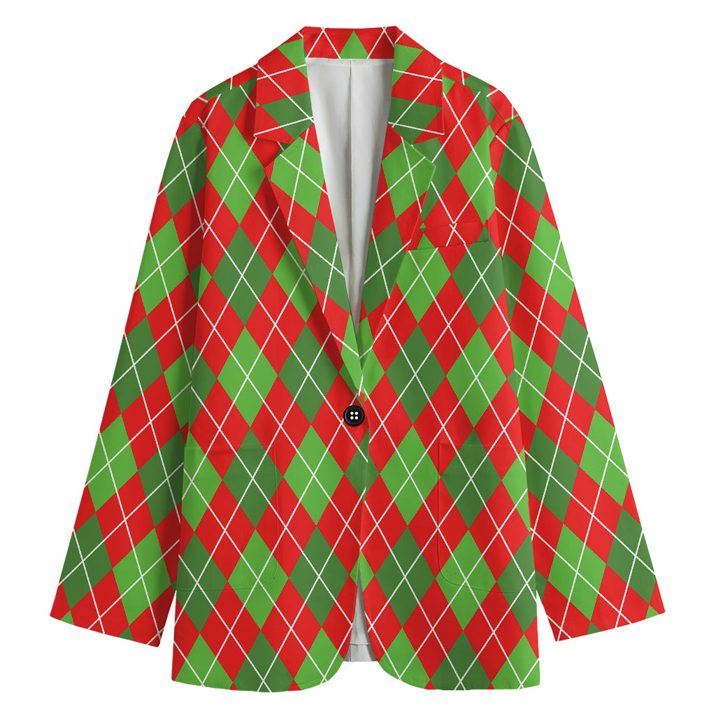 Red And Green Argyle Pattern Print Women's Cotton Blazer