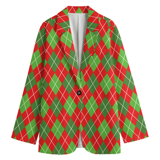 Red And Green Argyle Pattern Print Women's Cotton Blazer
