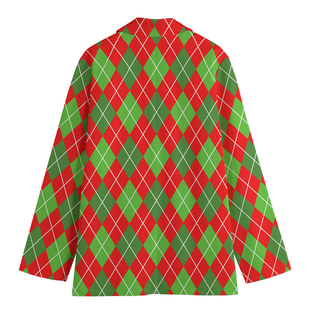 Red And Green Argyle Pattern Print Women's Cotton Blazer