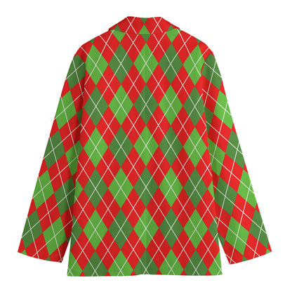 Red And Green Argyle Pattern Print Women's Cotton Blazer