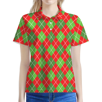 Red And Green Argyle Pattern Print Women's Polo Shirt