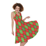 Red And Green Argyle Pattern Print Women's Sleeveless Dress