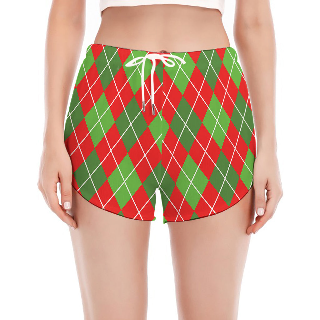 Red And Green Argyle Pattern Print Women's Split Running Shorts