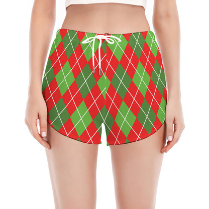 Red And Green Argyle Pattern Print Women's Split Running Shorts
