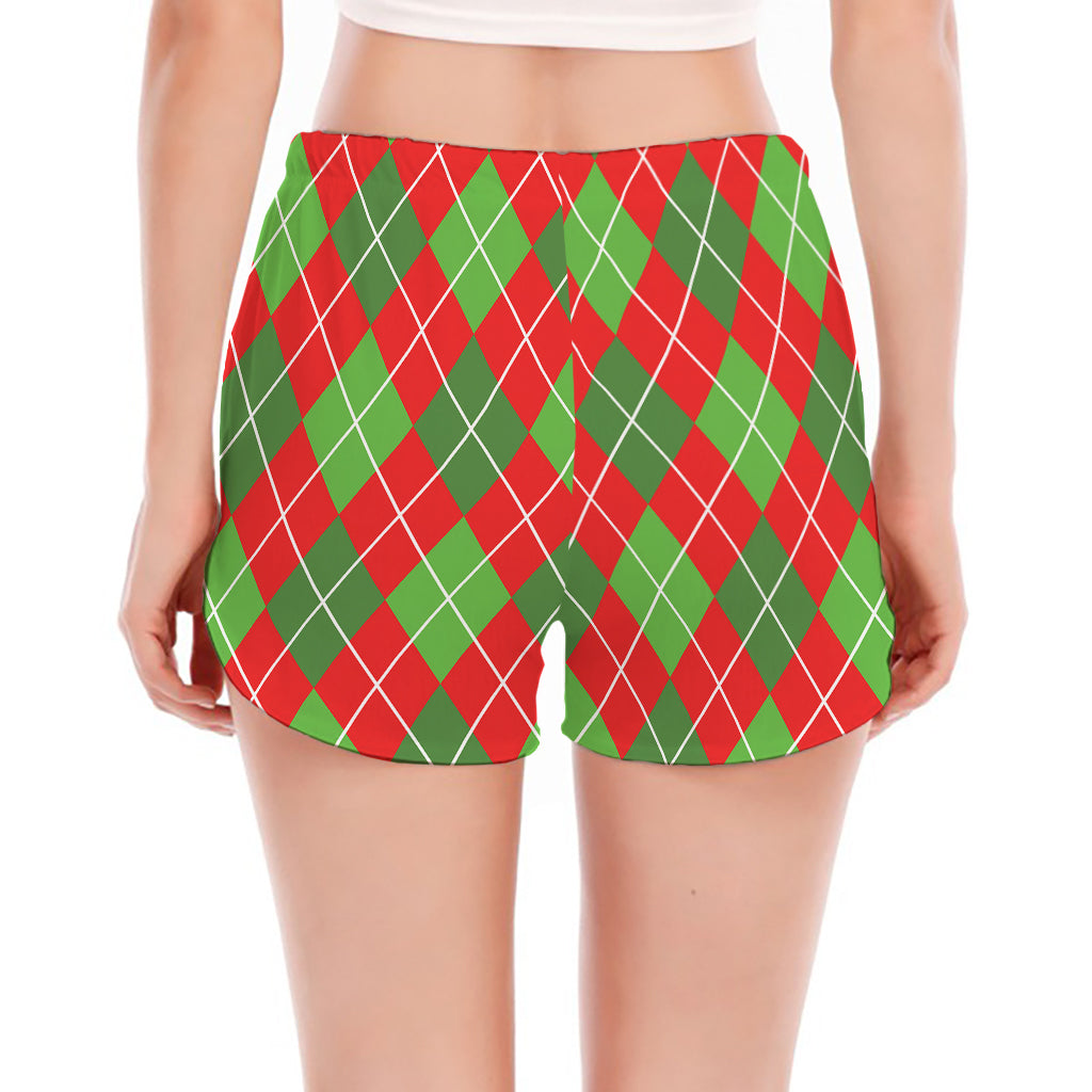 Red And Green Argyle Pattern Print Women's Split Running Shorts