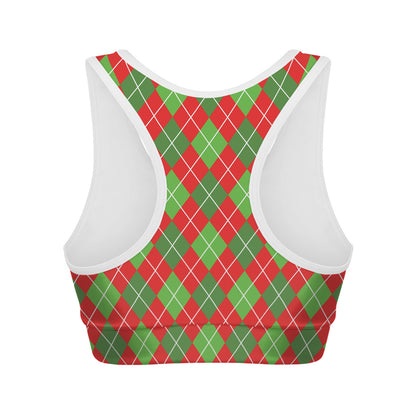 Red And Green Argyle Pattern Print Women's Sports Bra