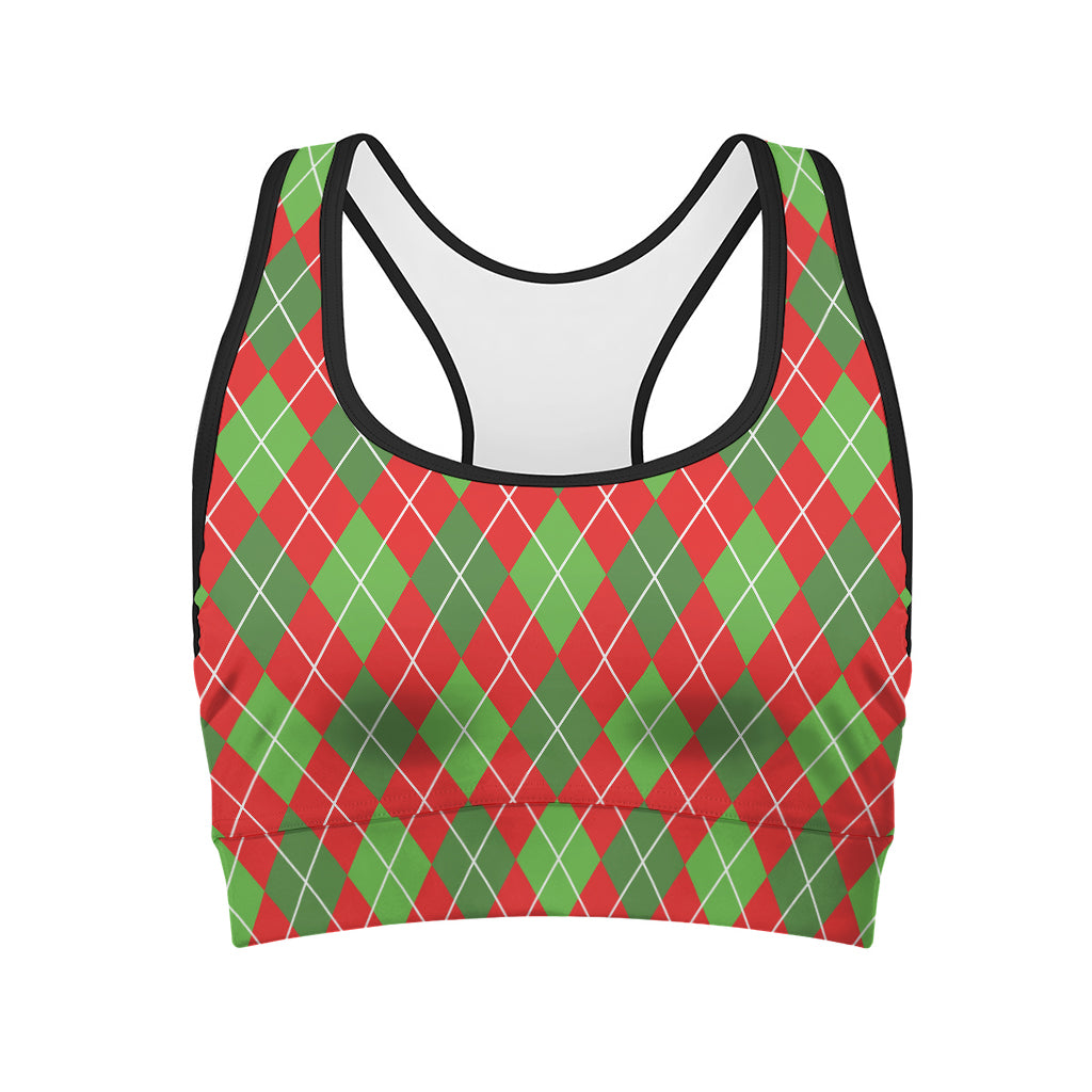 Red And Green Argyle Pattern Print Women's Sports Bra