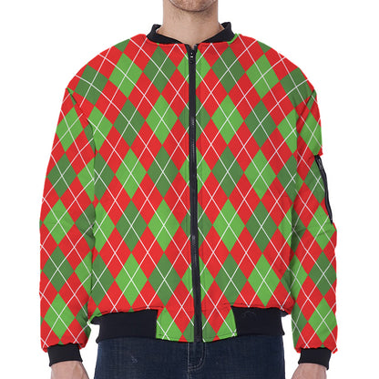 Red And Green Argyle Pattern Print Zip Sleeve Bomber Jacket