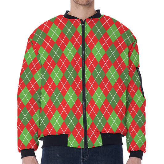Red And Green Argyle Pattern Print Zip Sleeve Bomber Jacket