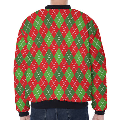 Red And Green Argyle Pattern Print Zip Sleeve Bomber Jacket