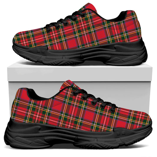 Red And Green Scottish Tartan Print Black Chunky Shoes