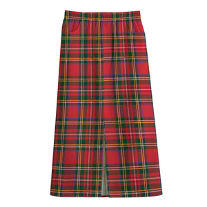 Red And Green Scottish Tartan Print Cotton Front Slit Maxi Skirt