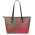 Red And Green Scottish Tartan Print Leather Tote Bag With Zipper