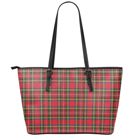 Red And Green Scottish Tartan Print Leather Tote Bag