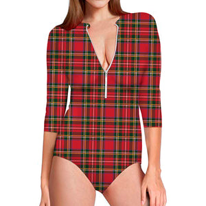 Red And Green Scottish Tartan Print Long Sleeve Swimsuit