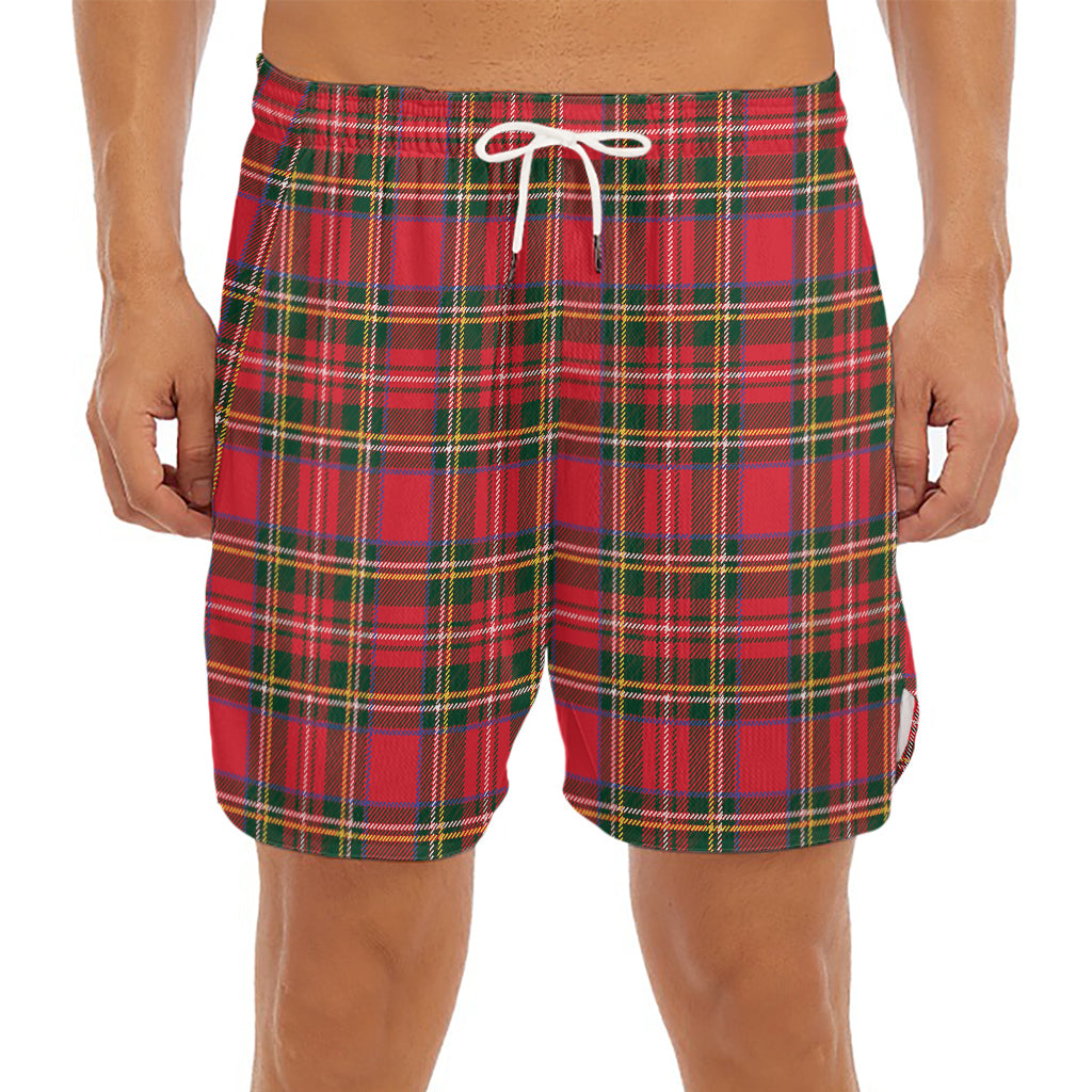 Red And Green Scottish Tartan Print Men's Split Running Shorts
