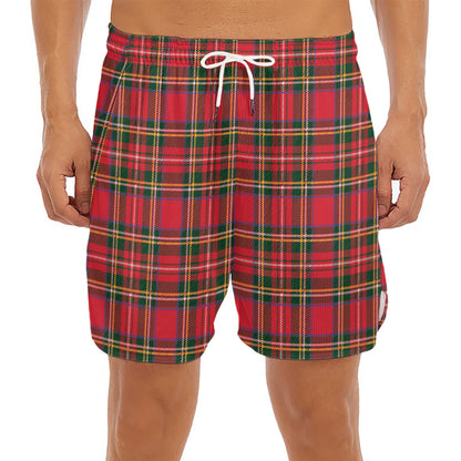 Red And Green Scottish Tartan Print Men's Split Running Shorts