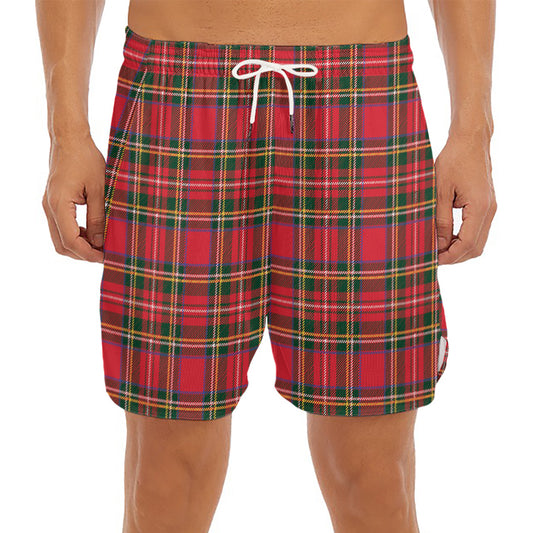 Red And Green Scottish Tartan Print Men's Split Running Shorts