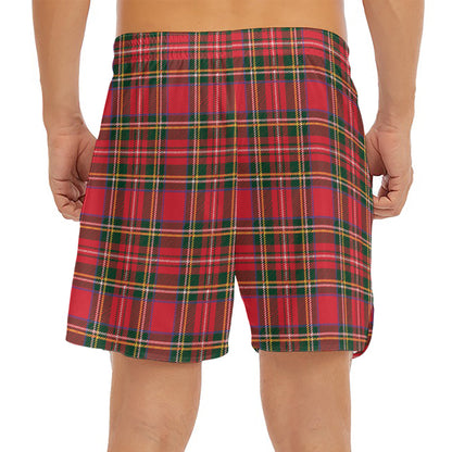 Red And Green Scottish Tartan Print Men's Split Running Shorts
