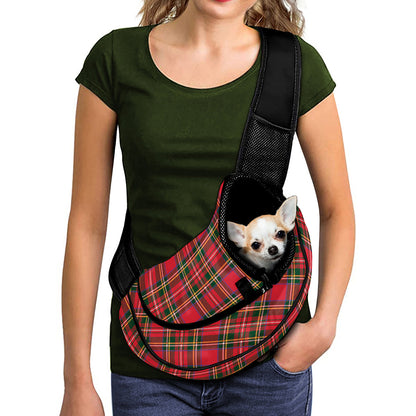 Red And Green Scottish Tartan Print Pet Sling Carrier