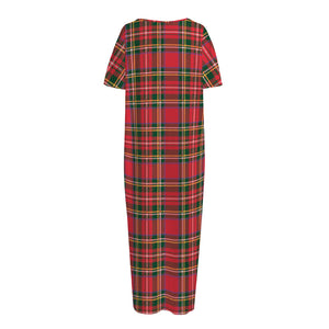 Red And Green Scottish Tartan Print Short Sleeve Long Nightdress