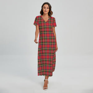 Red And Green Scottish Tartan Print Short Sleeve Maxi Dress