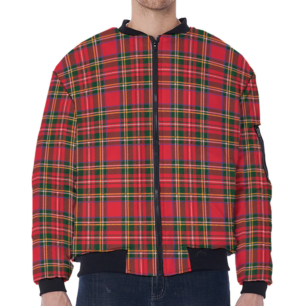 Red And Green Scottish Tartan Print Zip Sleeve Bomber Jacket