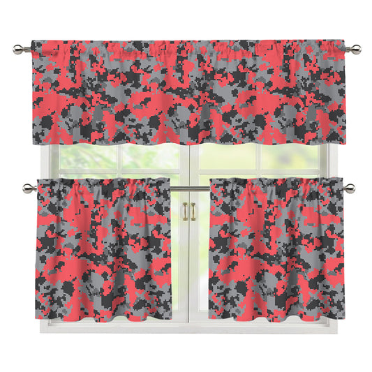 Red And Grey Digital Camo Pattern Print 3 Piece Kitchen Curtains