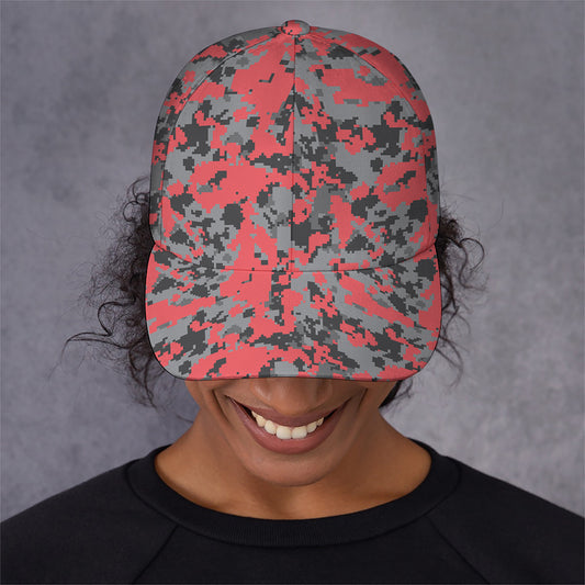 Red And Grey Digital Camo Pattern Print Baseball Cap
