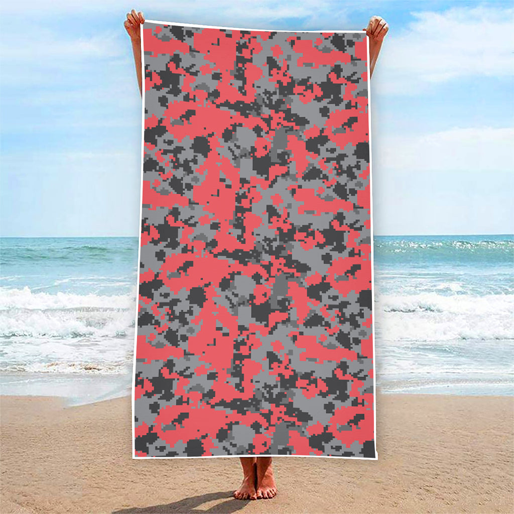 Red And Grey Digital Camo Pattern Print Beach Towel