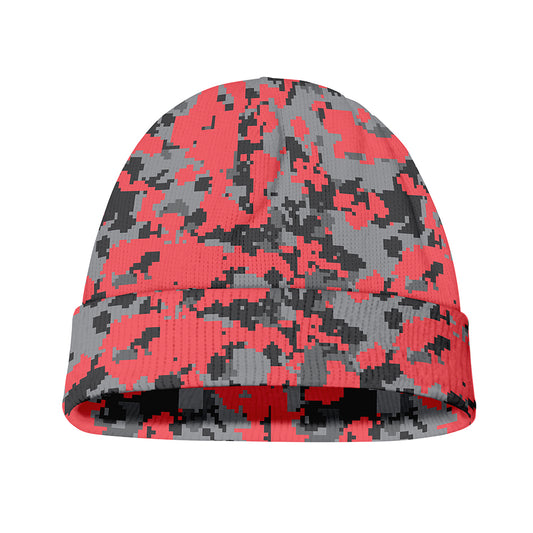 Red And Grey Digital Camo Pattern Print Beanie