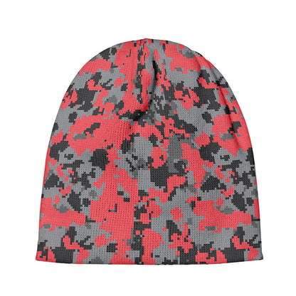 Red And Grey Digital Camo Pattern Print Beanie