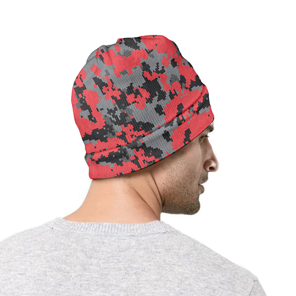 Red And Grey Digital Camo Pattern Print Beanie