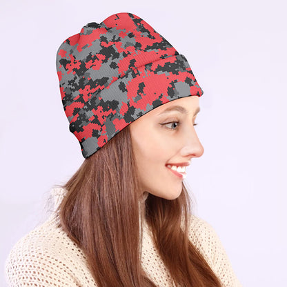 Red And Grey Digital Camo Pattern Print Beanie