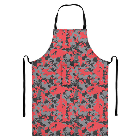 Red And Grey Digital Camo Pattern Print Bib Apron With Pocket