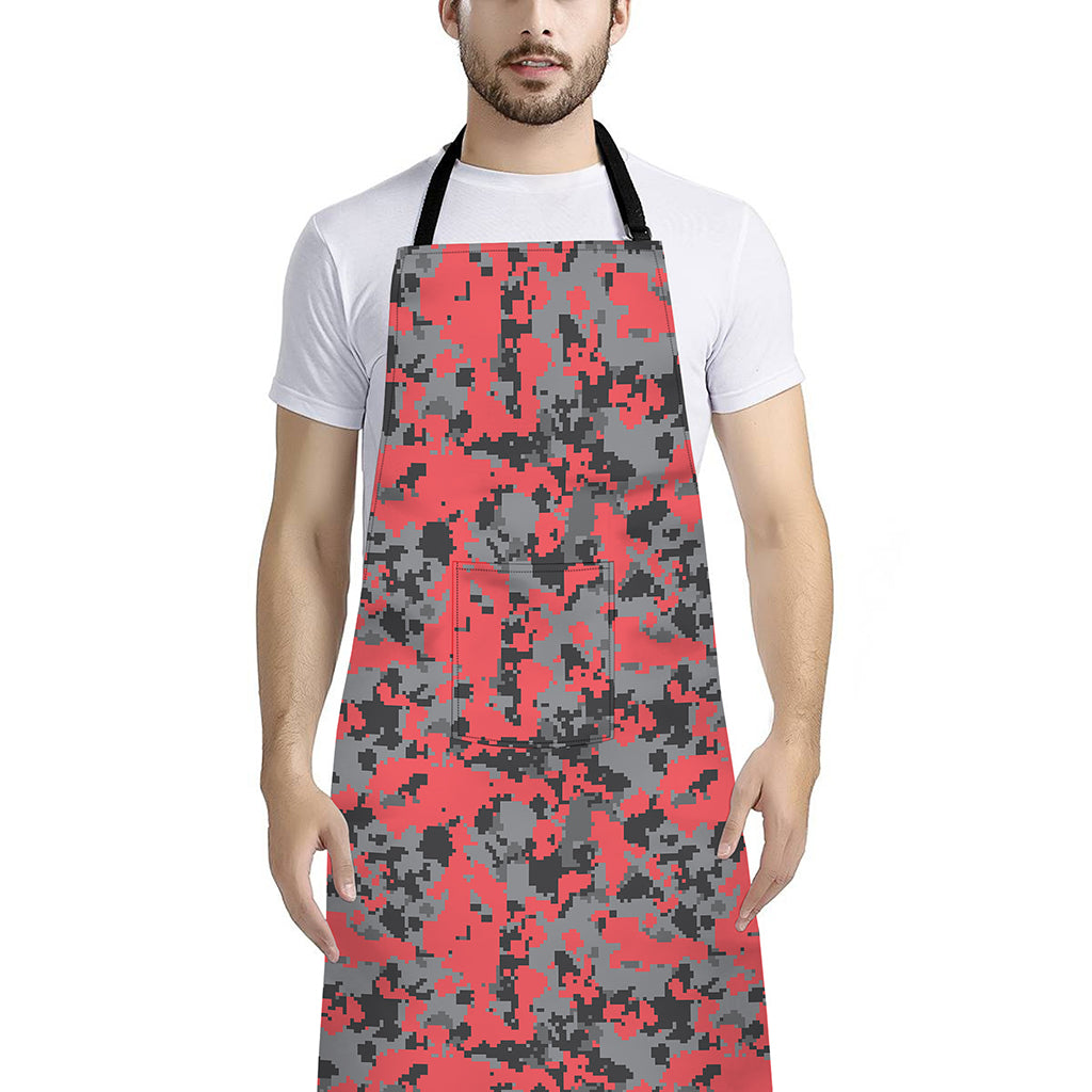 Red And Grey Digital Camo Pattern Print Bib Apron With Pocket