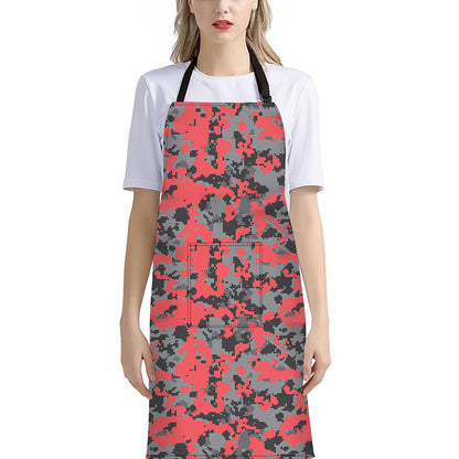 Red And Grey Digital Camo Pattern Print Bib Apron With Pocket