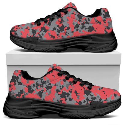 Red And Grey Digital Camo Pattern Print Black Chunky Shoes