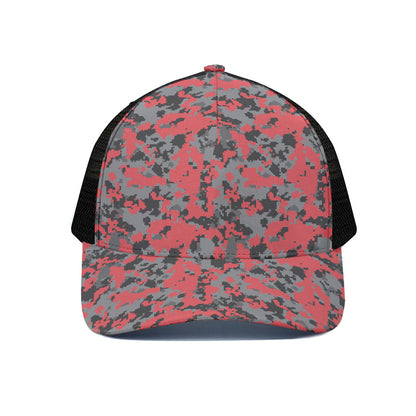 Red And Grey Digital Camo Pattern Print Black Mesh Trucker Cap