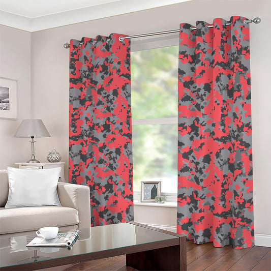 Red And Grey Digital Camo Pattern Print Blackout Grommet Curtains