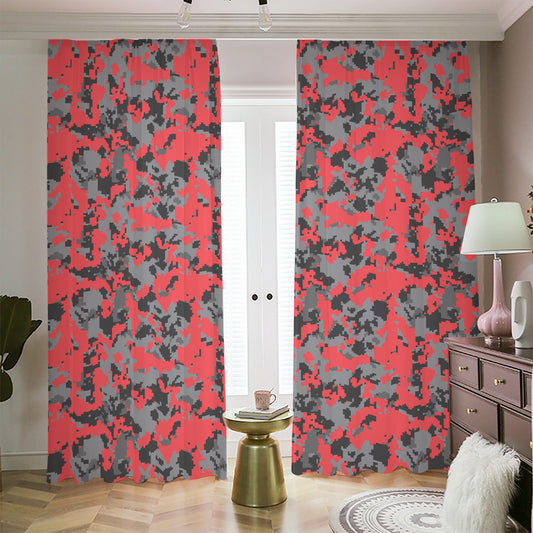Red And Grey Digital Camo Pattern Print Blackout Pencil Pleat Curtains