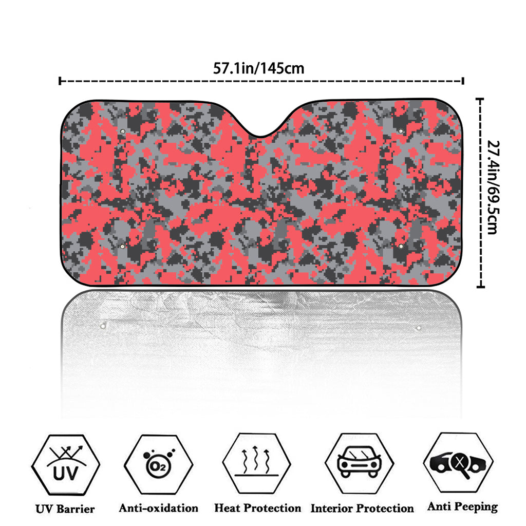 Red And Grey Digital Camo Pattern Print Car Windshield Sun Shade