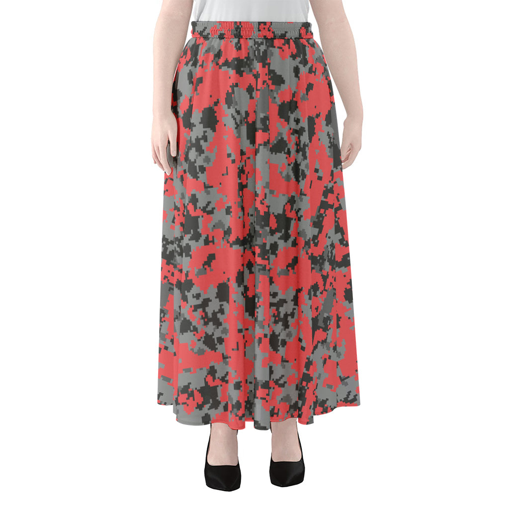 Red And Grey Digital Camo Pattern Print Chiffon Maxi Skirt