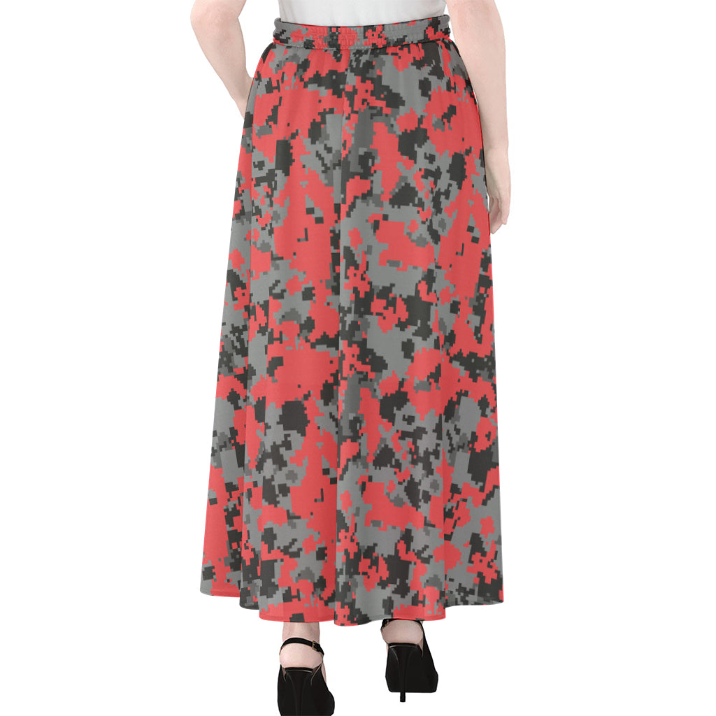Red And Grey Digital Camo Pattern Print Chiffon Maxi Skirt