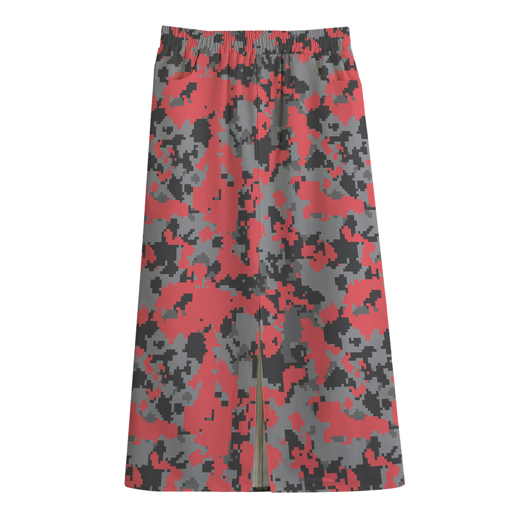 Red And Grey Digital Camo Pattern Print Cotton Front Slit Maxi Skirt