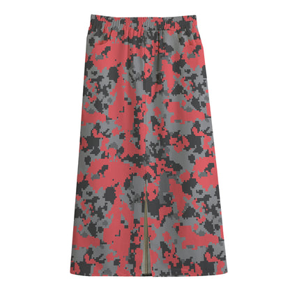 Red And Grey Digital Camo Pattern Print Cotton Front Slit Maxi Skirt
