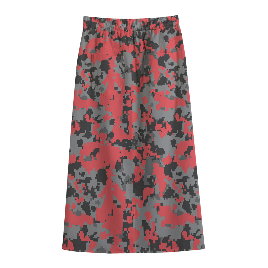 Red And Grey Digital Camo Pattern Print Cotton Front Slit Maxi Skirt
