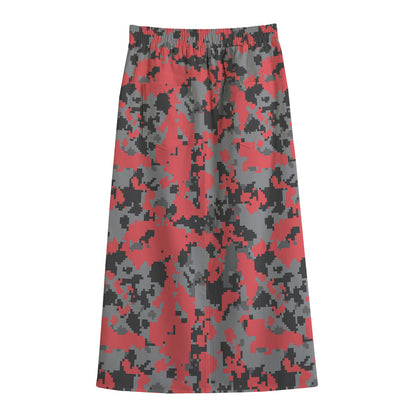 Red And Grey Digital Camo Pattern Print Cotton Front Slit Maxi Skirt