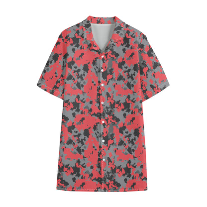Red And Grey Digital Camo Pattern Print Cotton Hawaiian Shirt