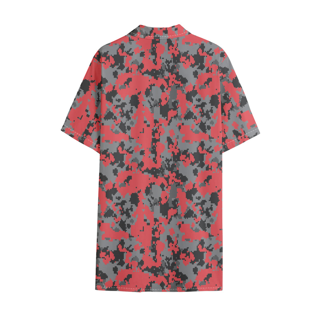 Red And Grey Digital Camo Pattern Print Cotton Hawaiian Shirt
